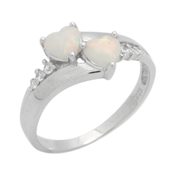Sterling Silver Twin Hearts Lab Created White Opal Ring .925