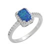 7mm Emerald-Cut Lab Blue Opal Halo Womens Ring Sterling Silver .925 Stamped