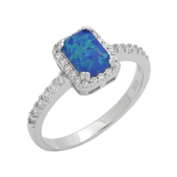 7mm Emerald-Cut Lab Blue Opal Halo Womens Ring Sterling Silver .925 Stamped