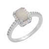 7mm Emerald-Cut Lab White Opal Halo Womens Ring Sterling Silver .925 Stamped