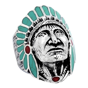 ICR101-GR Silver Indian Head Ring Green Turquoise