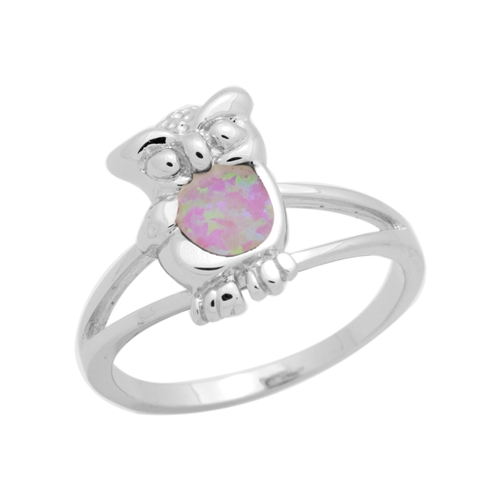 LOR1001-PO Sterling Silver Pink Lab Opal Owl Ring