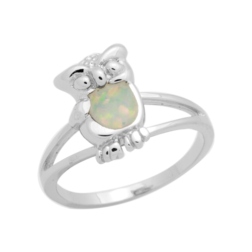 LOR1001-WO Sterling Silver White Lab Opal Owl Ring