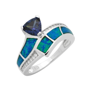 LOR1003-BOSA Sterling Silver Blue Lab Opal Blue Sapphire CZ Ring