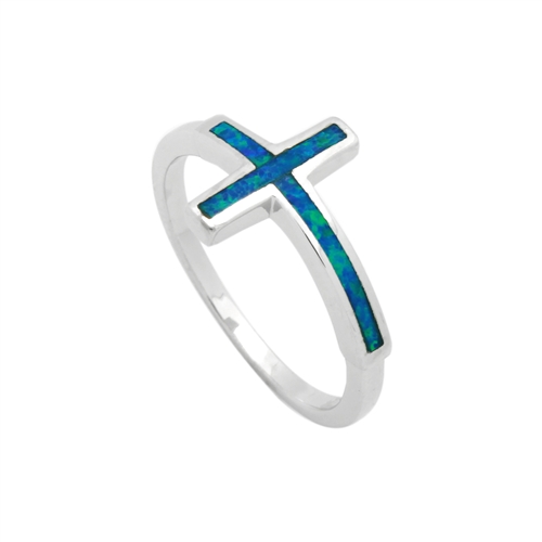 LOR1005-BO Sterling Silver Blue Lab Opal Sideways Cross Ring