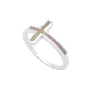 LOR1005-PO Sterling Silver Pink Lab Opal Sideways Cross Ring