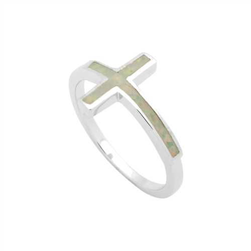 LOR1005-WO Sterling Silver White Lab Opal Sideways Cross Ring