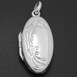 LPS1014 - Silver Narrow Oval Flower Engraved Locket