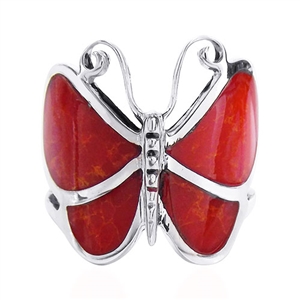 M-R1001-RC Silver Red Coral Butterfly Ring
