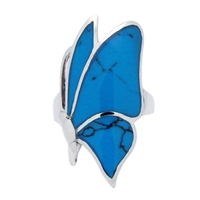 M-R1002-BT Silver Blue Turquoise Sideways Butterfly Ring