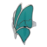 M-R1002-GT Silver Green Turquoise Sideways Butterfly Ring