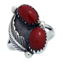 M-R1005-RC Silver Red Coral feather Design Ring 16mm