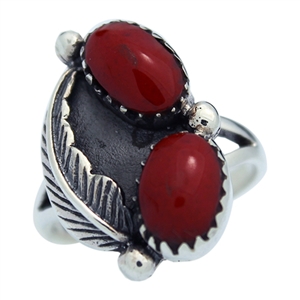 M-R1005-RC Silver Red Coral feather Design Ring 16mm