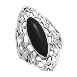 M-R1007-BO Silver Black Onyx Long Filigree Ring