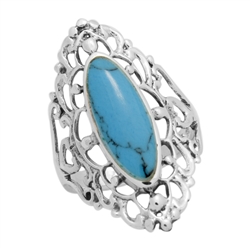 M-R1007-BT Silver Blue Turquoise Long Filigree Ring