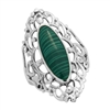 M-R1007-GM Silver Green Malachite Long Filigree Ring