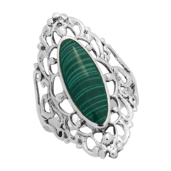 M-R1007-GM Silver Green Malachite Long Filigree Ring