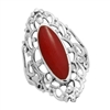 M-R1007-RC Silver Red Coral Long Filigree Ring