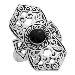 M-R1008-BO Silver Black Onyx Long Filigree Ring