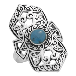M-R1008-BT Silver Blue Turquoise Long Filigree Ring