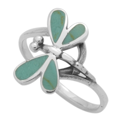 M-R1012-GT Silver Green Turquoise Dragonfly Ring