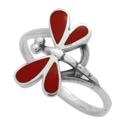 M-R1012-RC Silver Red Coral Dragonfly Ring