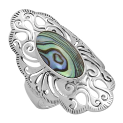 M-R1014-AB Silver Abalone Long Filigree Ring