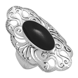 M-R1014-BO Silver Black Onyx Long Filigree Ring