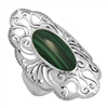 M-R1014-GM Silver Green Malachite Long Filigree Ring