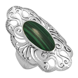 M-R1014-GM Silver Green Malachite Long Filigree Ring
