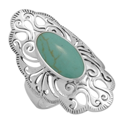 M-R1014-GT Silver Green Turquoise Long Filigree Ring
