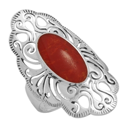 M-R1014-RC Silver Red Coral Long Filigree Ring
