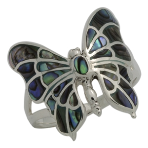 M-R1015-AB Silver Abalone Butterfly Ring