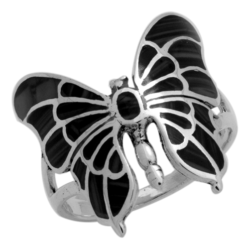M-R1015-BO Silver Black Onyx Butterfly Ring