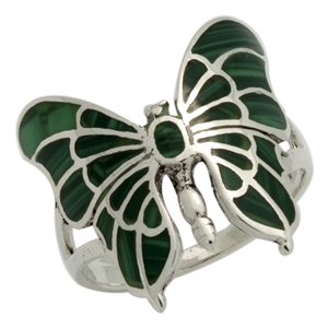 M-R1015-GM Silver Green Malachite Butterfly Ring
