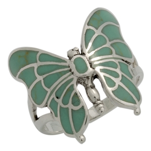 M-R1015-GT Silver Green Turquoise Butterfly Ring