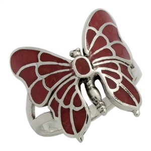 M-R1015-RC Silver Red Coral Butterfly Ring