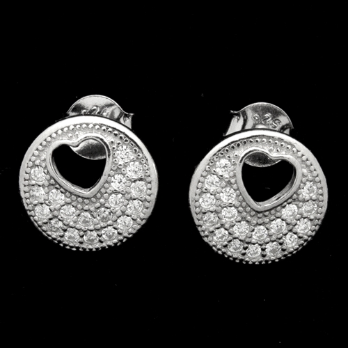 MCER1040 - Silver CZ Round Heart Stud Earrings