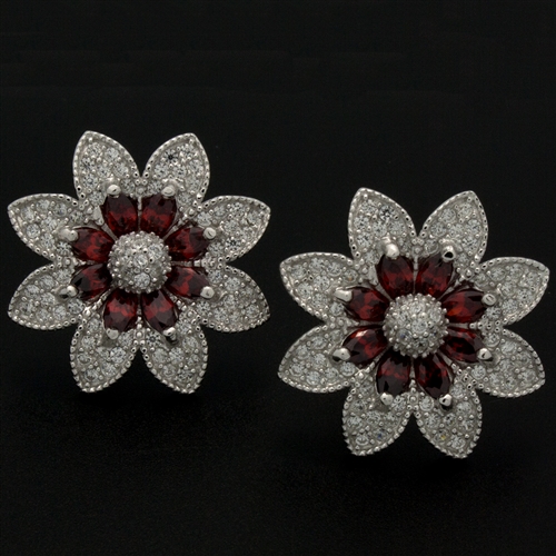 MCER1042 - Silver CZ Micropave Red CZ Earrings