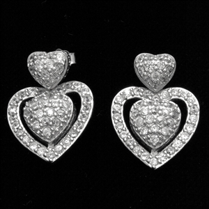 MCER1050 - Silver CZ Micropave Dangle Double Heart Earrings