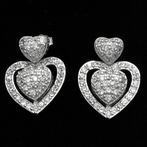 MCER1050 - Silver CZ Micropave Dangle Double Heart Earrings