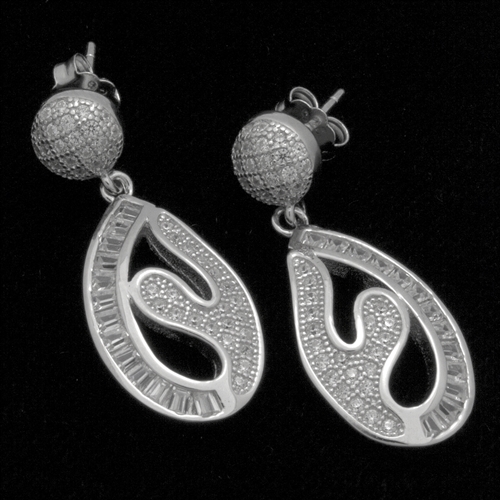 MCER1052 - Silver CZ Micropave Dangle Tear Drop Baguette Earrings