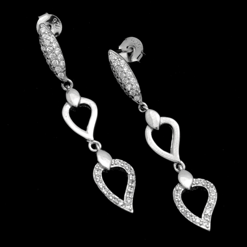 MCER1058 - Silver Micropave CZ Dangle Heart Earrings