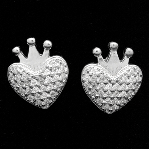 MCER1061 - Silver Micropave CZ Crown Heart Stud Earrings