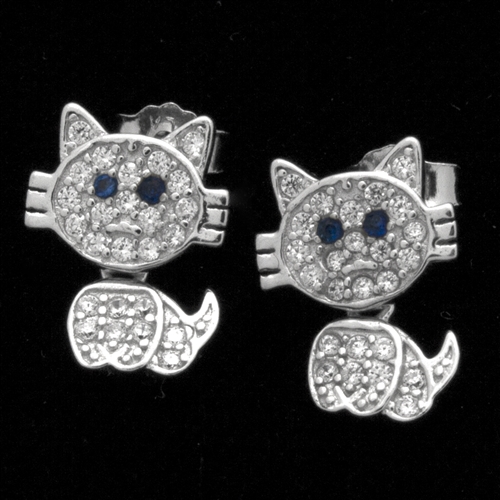 MCER1063-BL - Silver Micropave CZ Cat Blue Eyes Earrings