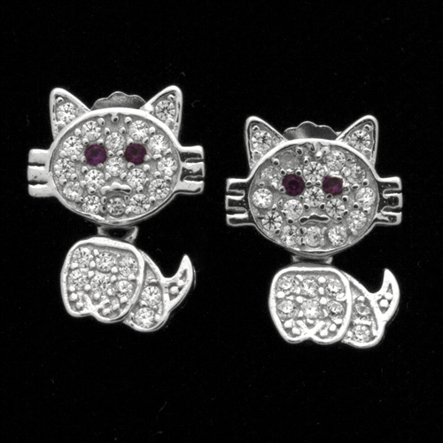 MCER1063-RE - Silver Micropave CZ Cat Blue Eyes Earrings