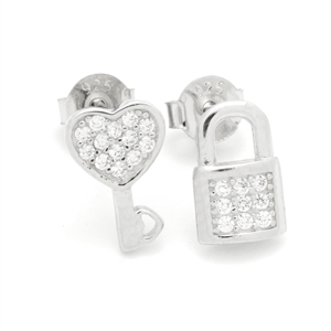 MCER1070 - Silver CZ Heart Key & Lock Stud Earrings