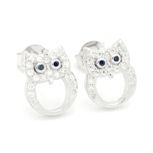 MCER1071 - Silver CZ Blue Eyes Owl Stud Earrings