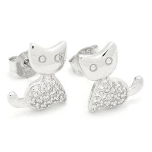 MCER1077 - Silver CZ Cat Stud Earrings