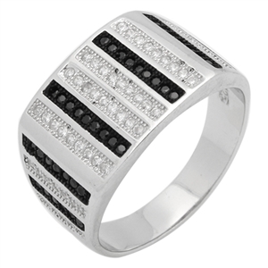 MMCR1013 SILVER MICROPAVE 13MM SQUARED BLACK LINES CZ MENS RING